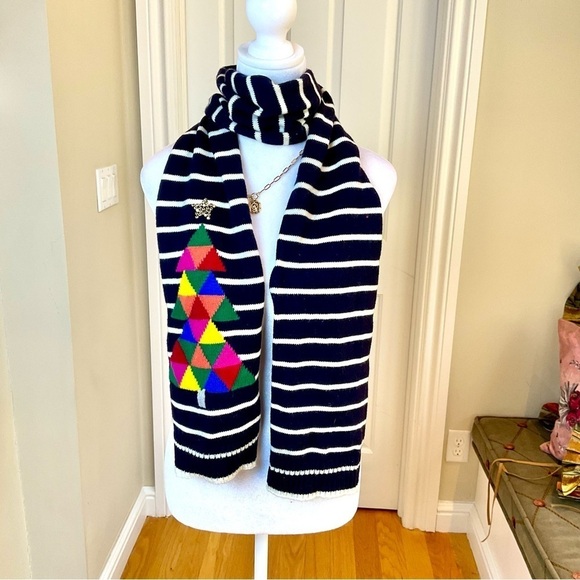 Talbots Scarf Wool Christmas Navy White Stripe with Christmas Tree (OS) - Picture 1 of 6